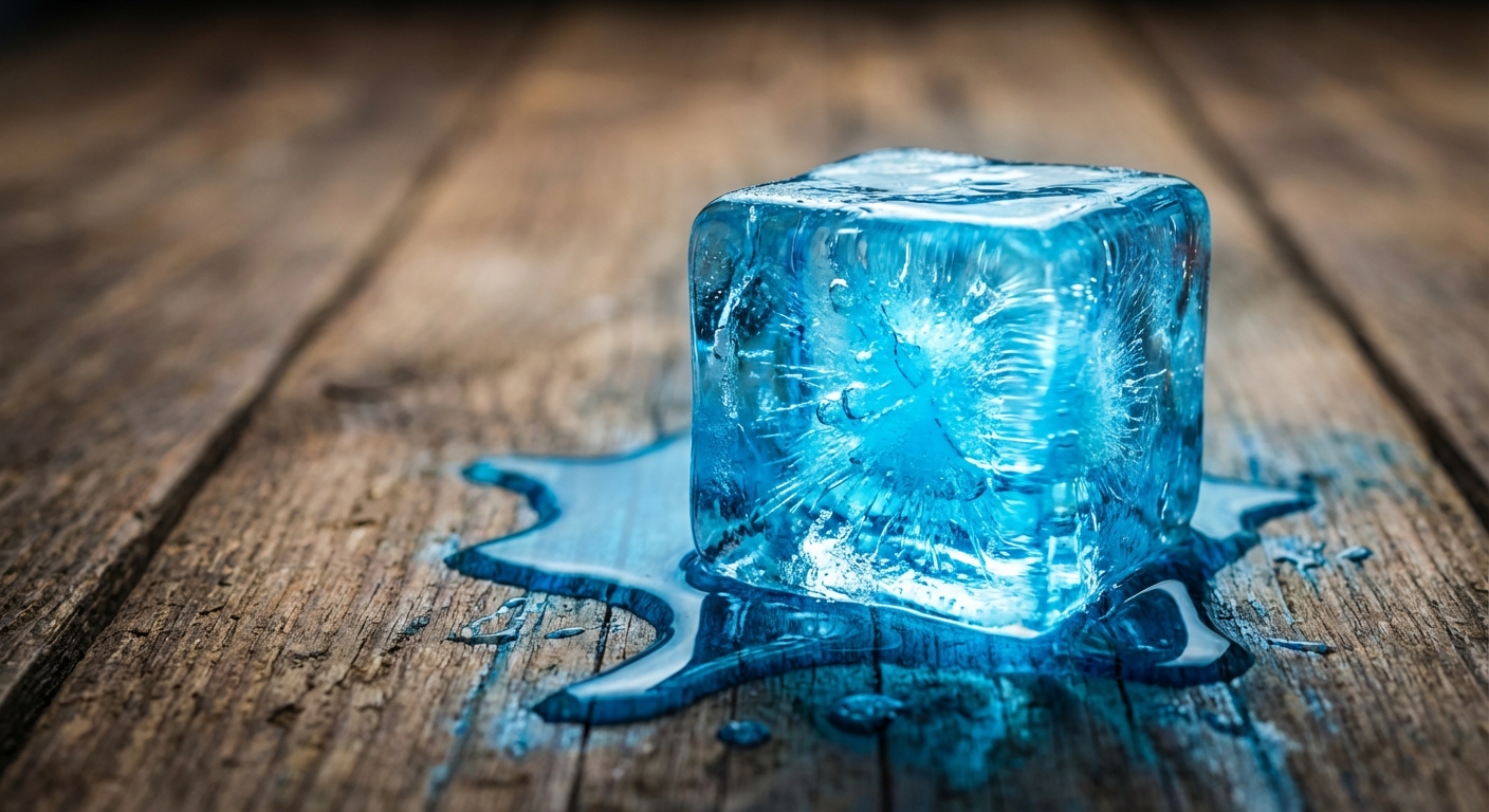 a bright blue ice cube on a table