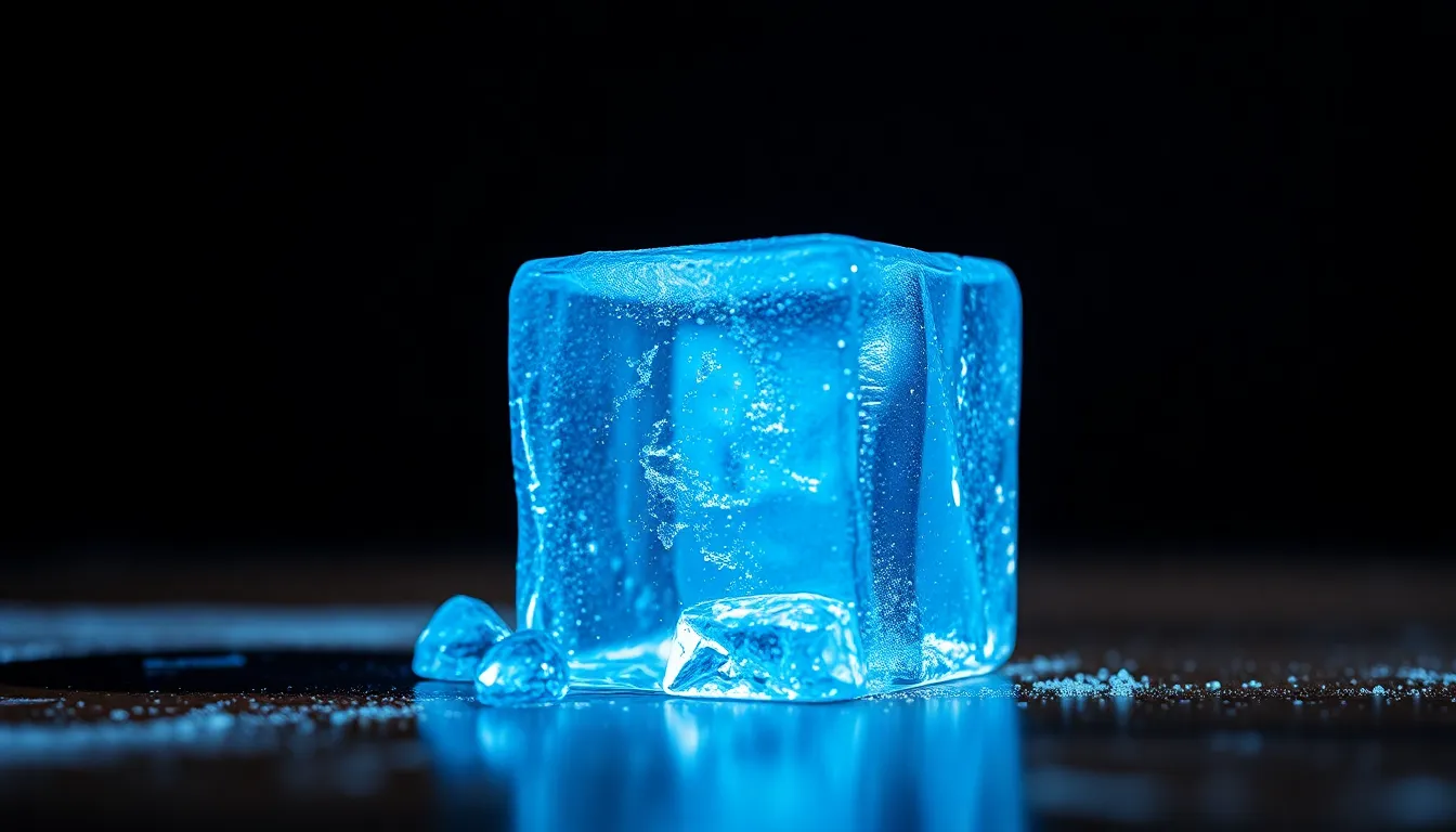a bright blue ice cube on a table