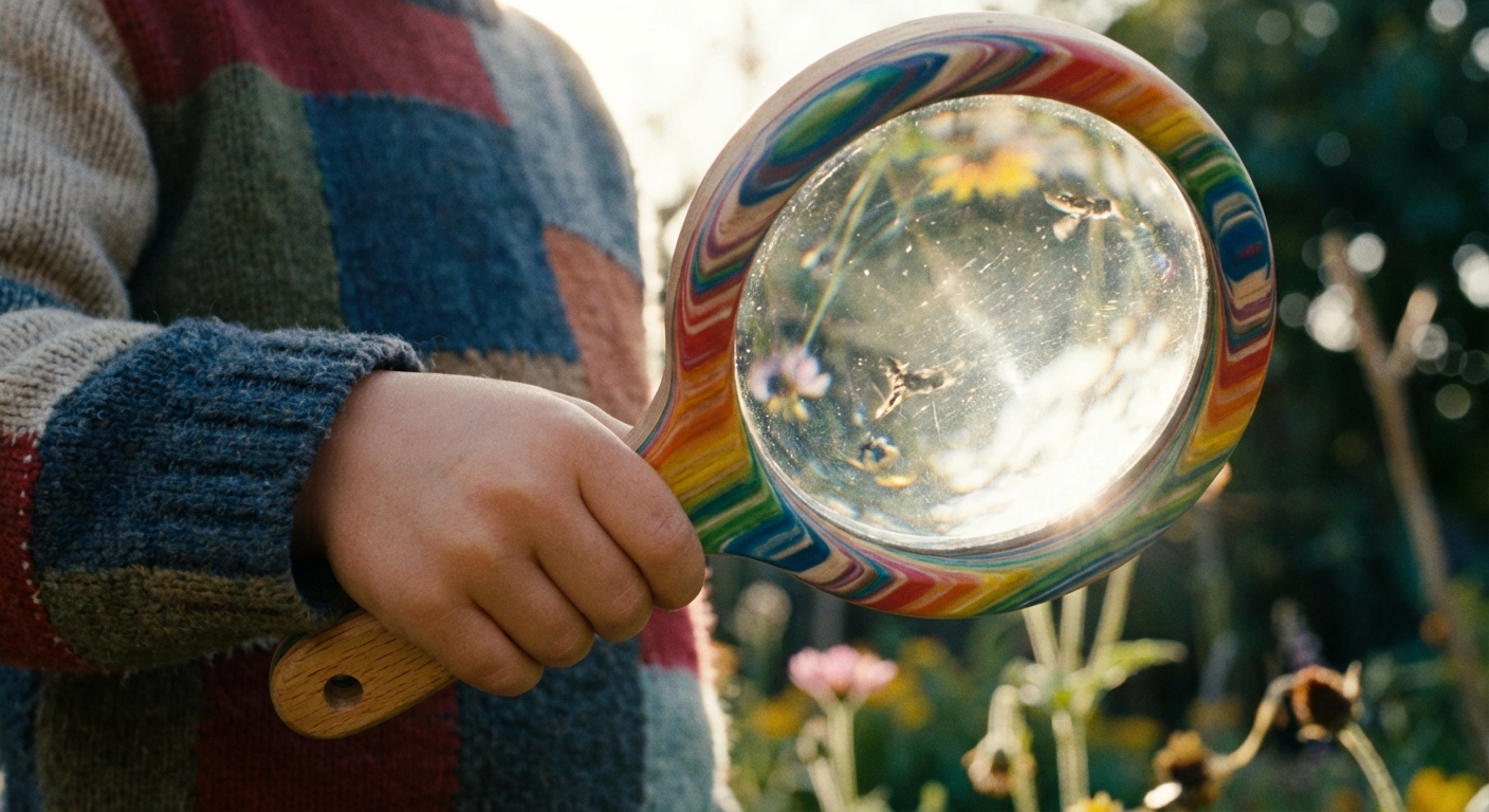 a bright, colorful magnifying glass held by a child