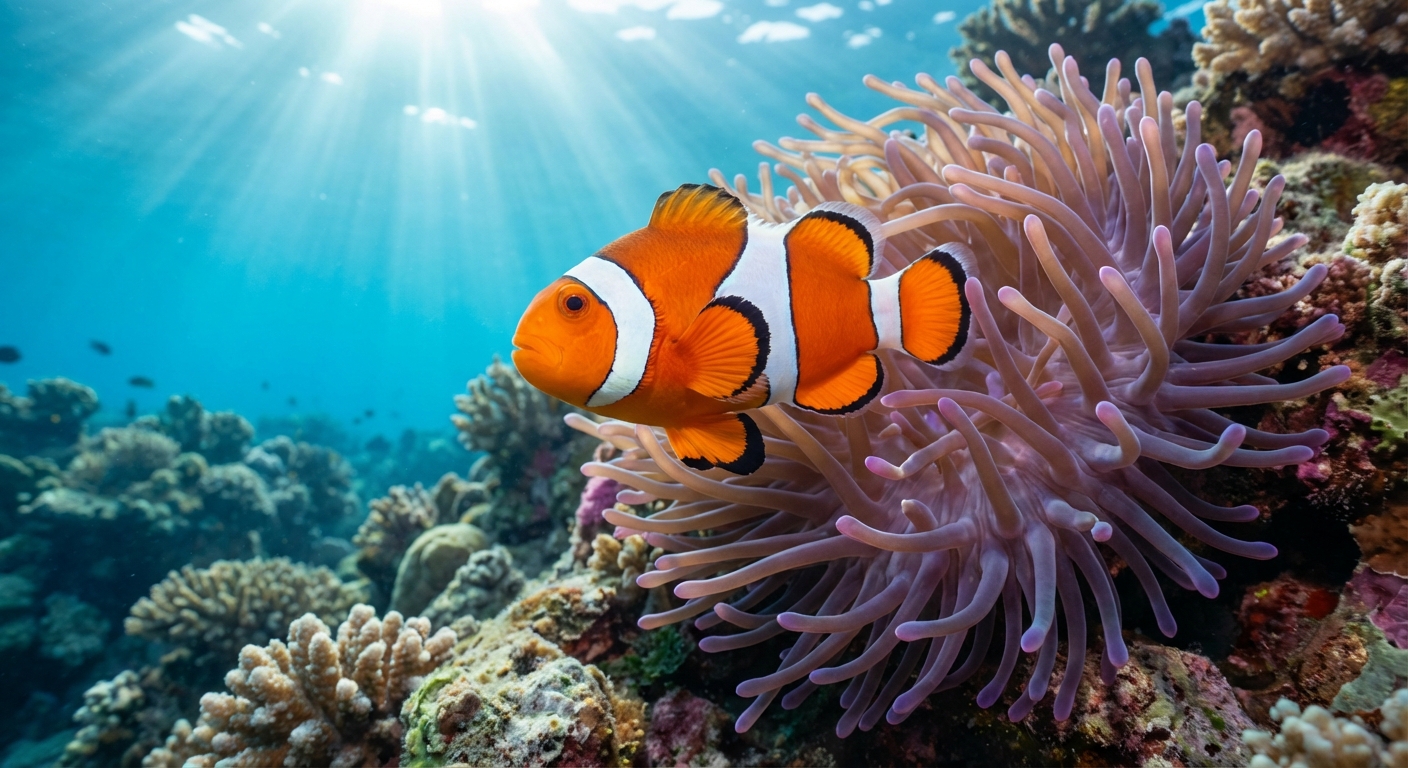 a bright orange clownfish swimming near a sea anemone