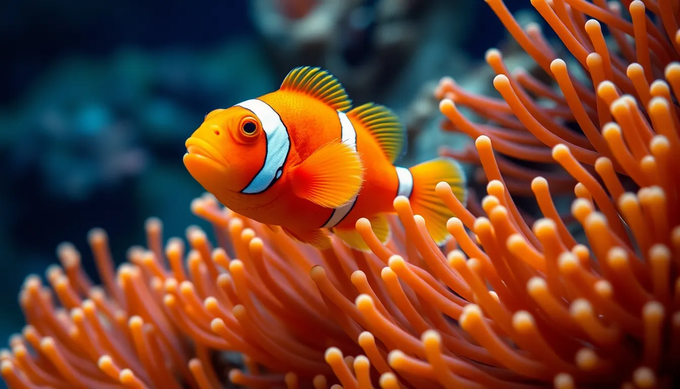 a bright orange clownfish swimming near a sea anemone