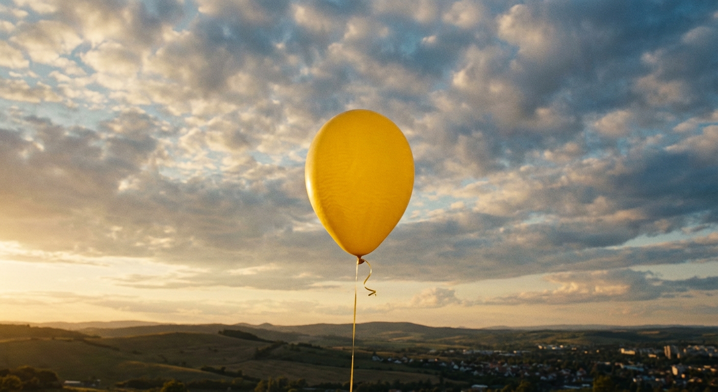 a bright yellow balloon floating in the sky