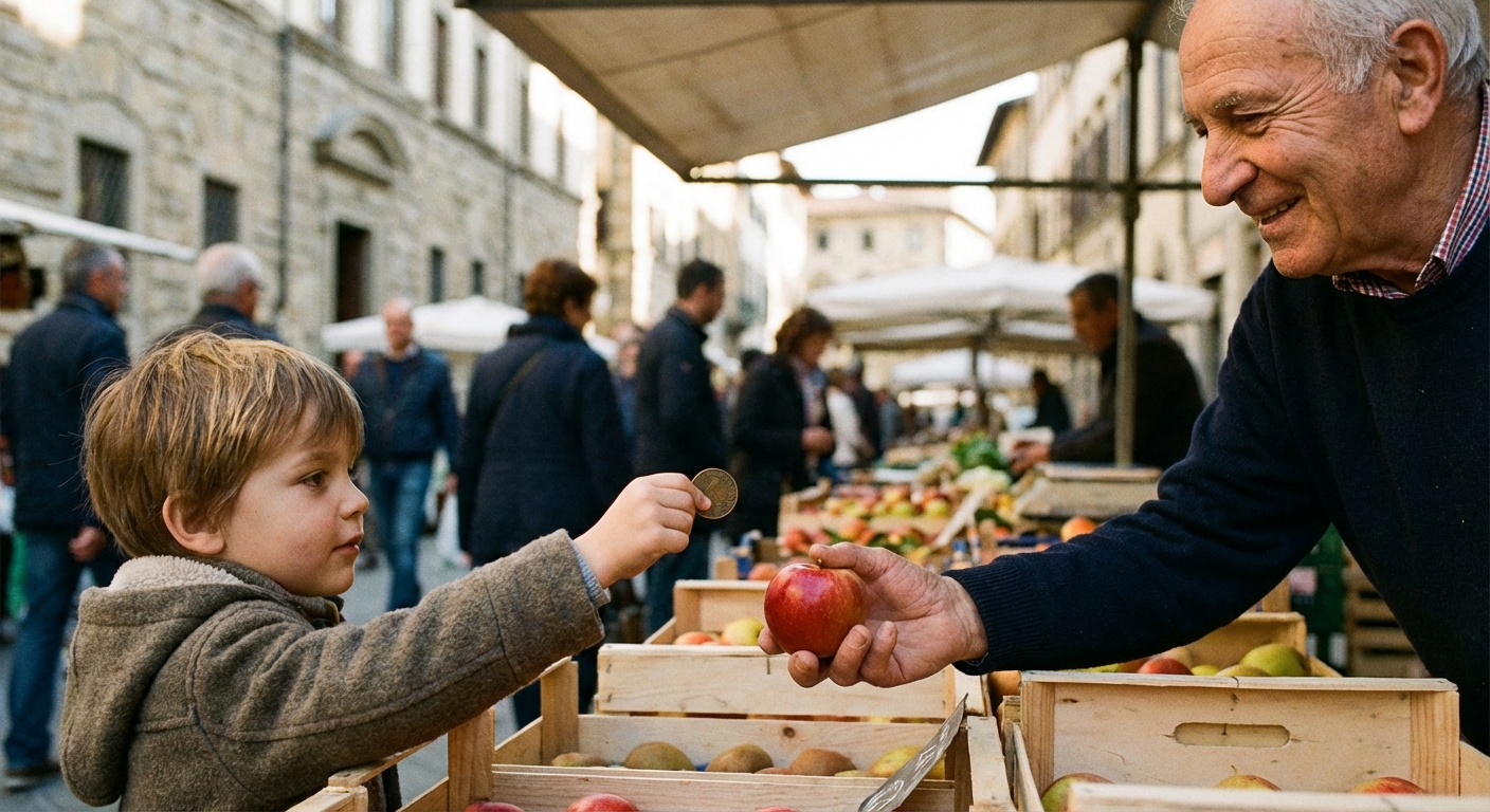 a child buying an apple with a coin