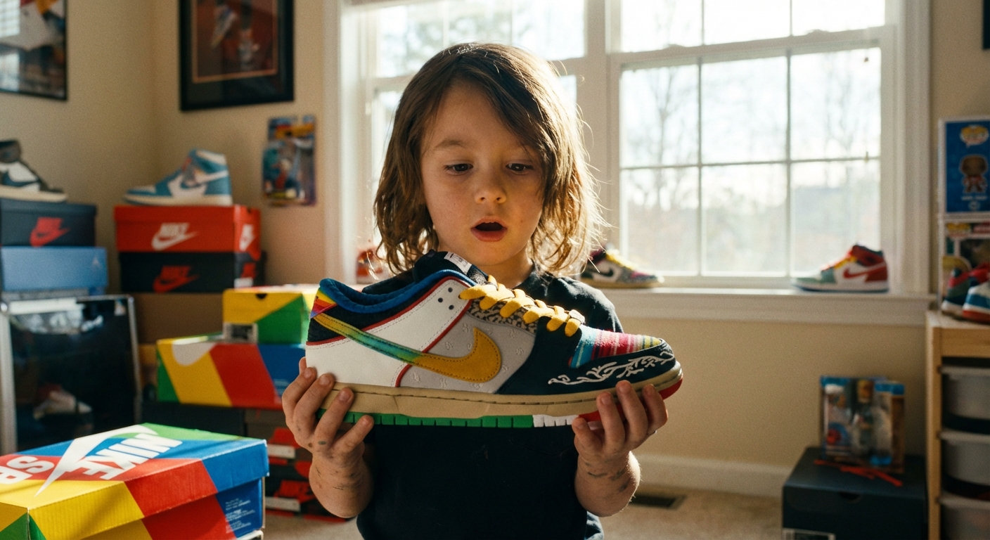 a child holding a limited‑edition sneaker