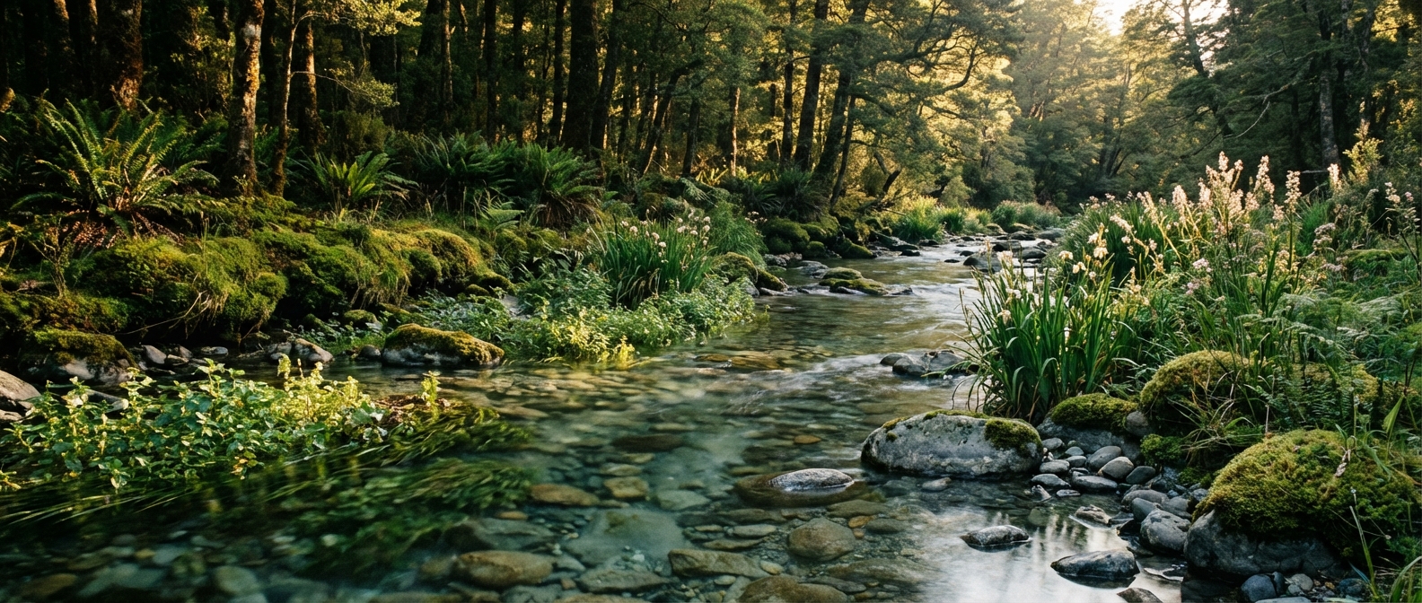 a clean river with stones and plants
