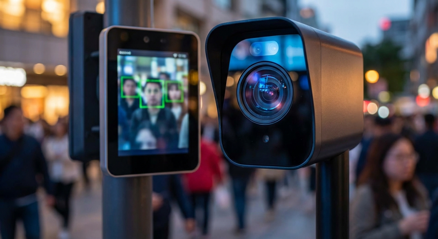 a close‑up of a facial‑recognition camera scanning a crowd