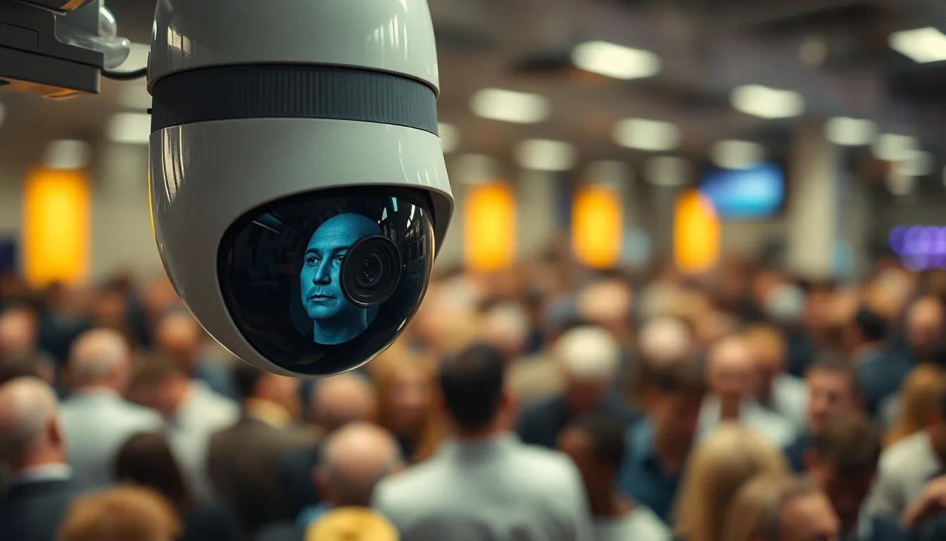 a close‑up of a facial‑recognition camera scanning a crowd
