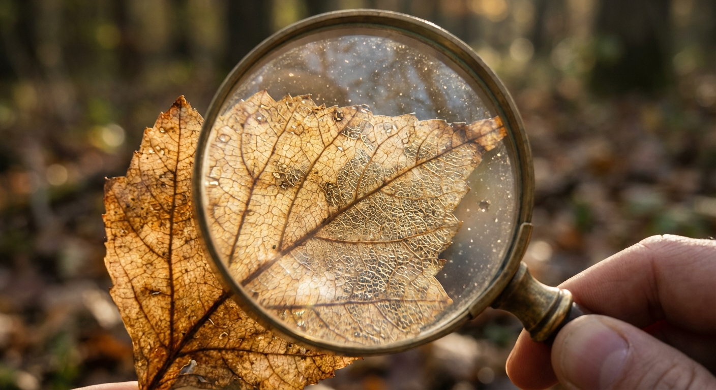a close‑up of a leaf showing its veins under a magnifying glass