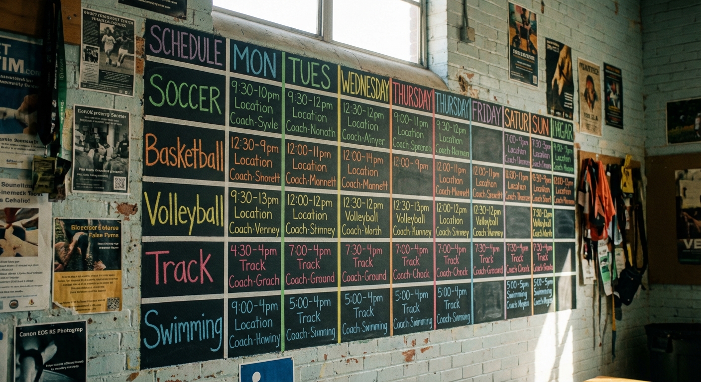 a colorful weekly sports practice schedule on a wall