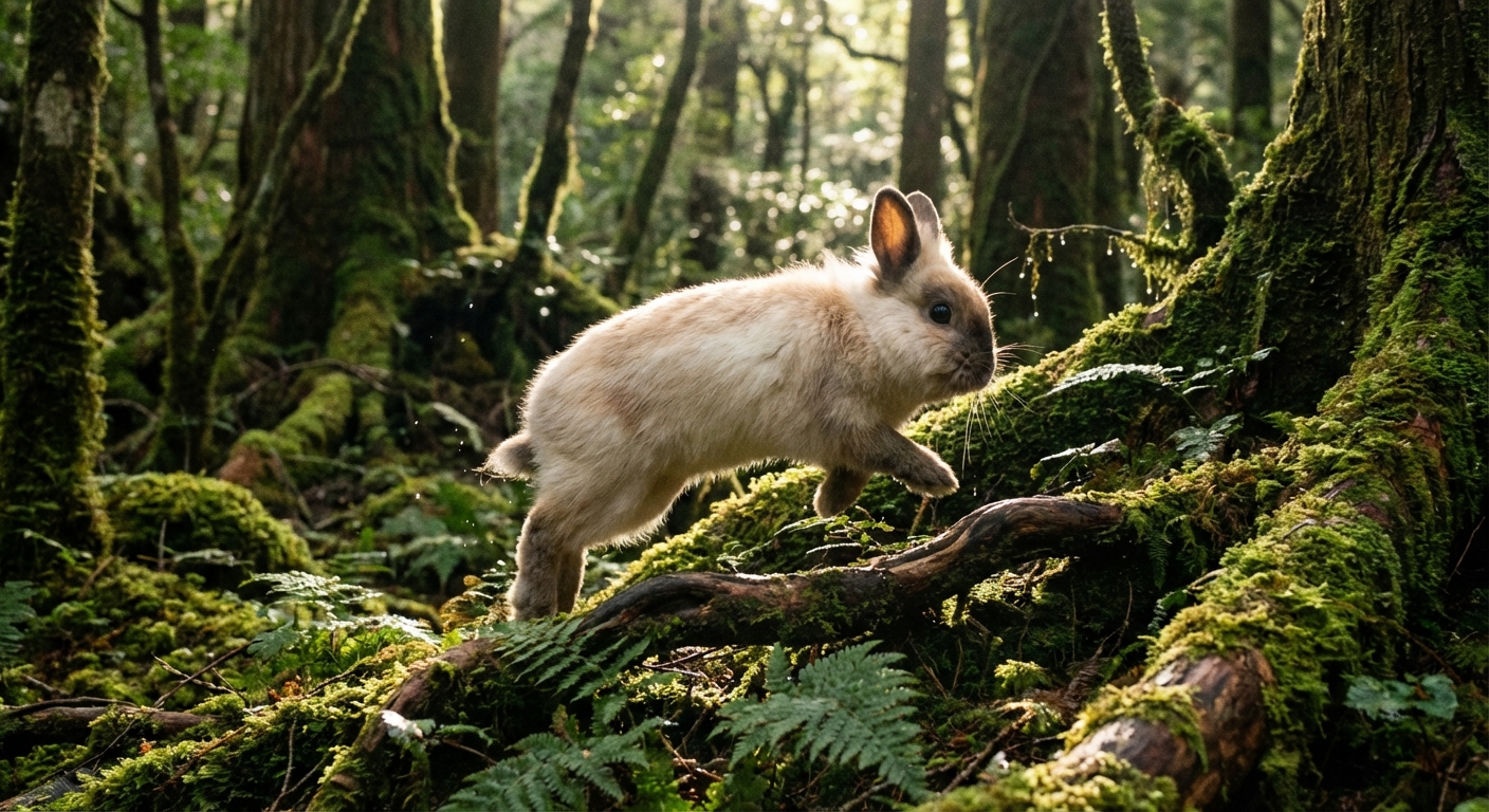 a cute Japanese rabbit hopping through a forest