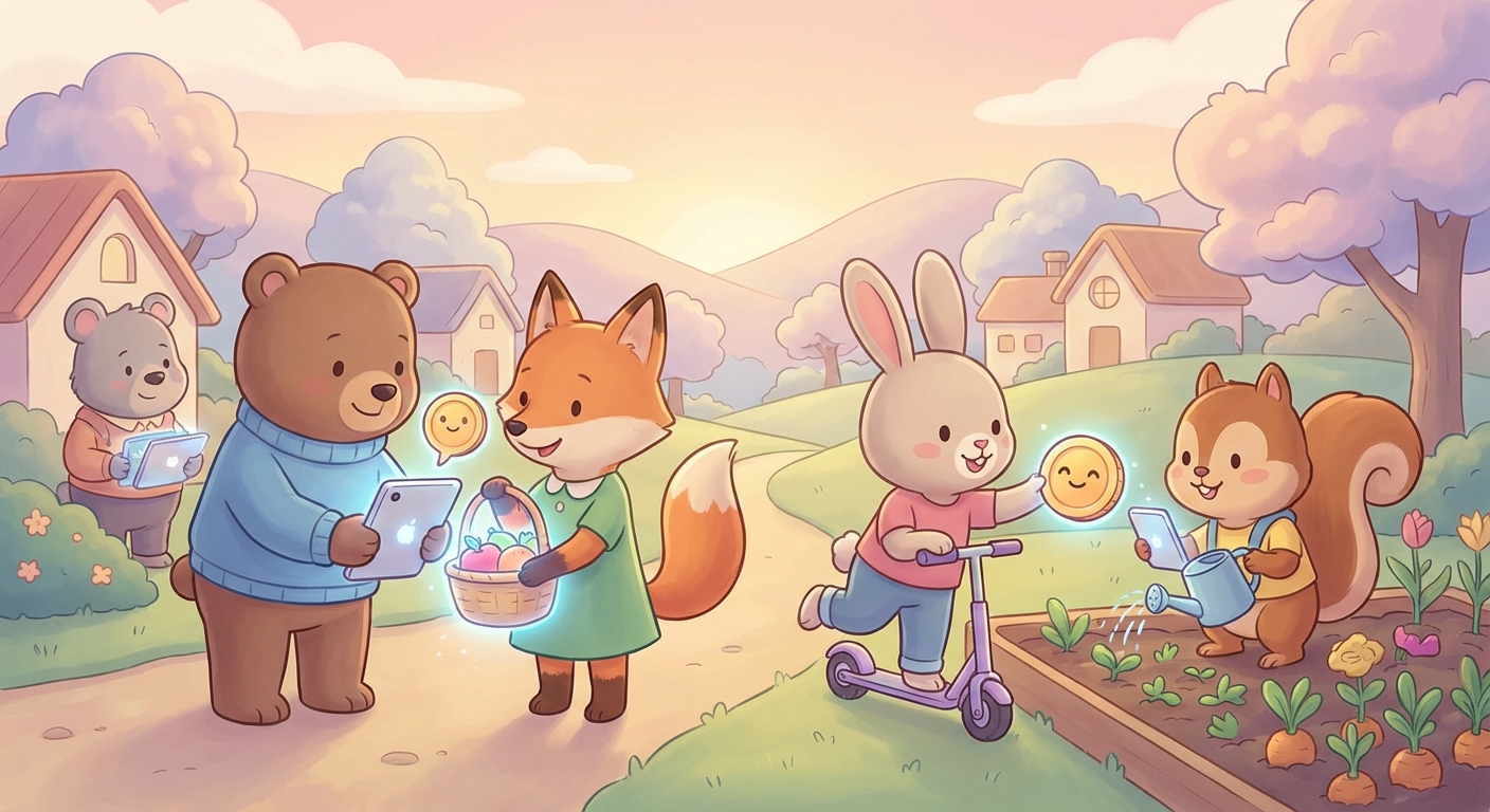 A Friendly Digital Coin Story learning scene, A Friendly Digital Coin Story community scene, neighbors helping each other, gentle pastel illustration designed for ages 3-4, rounded shapes, caring expressions, text-free illustration with clean unmarked background, balanced composition, soft cinematic lighting, harmonious color palette, inviting and joyful mood