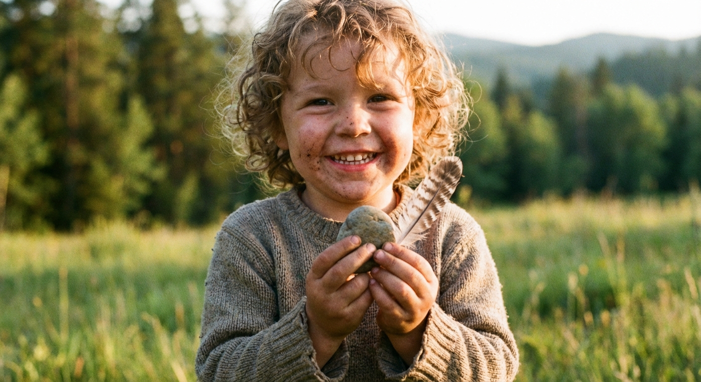 a happy child holding a feather and a small stone together