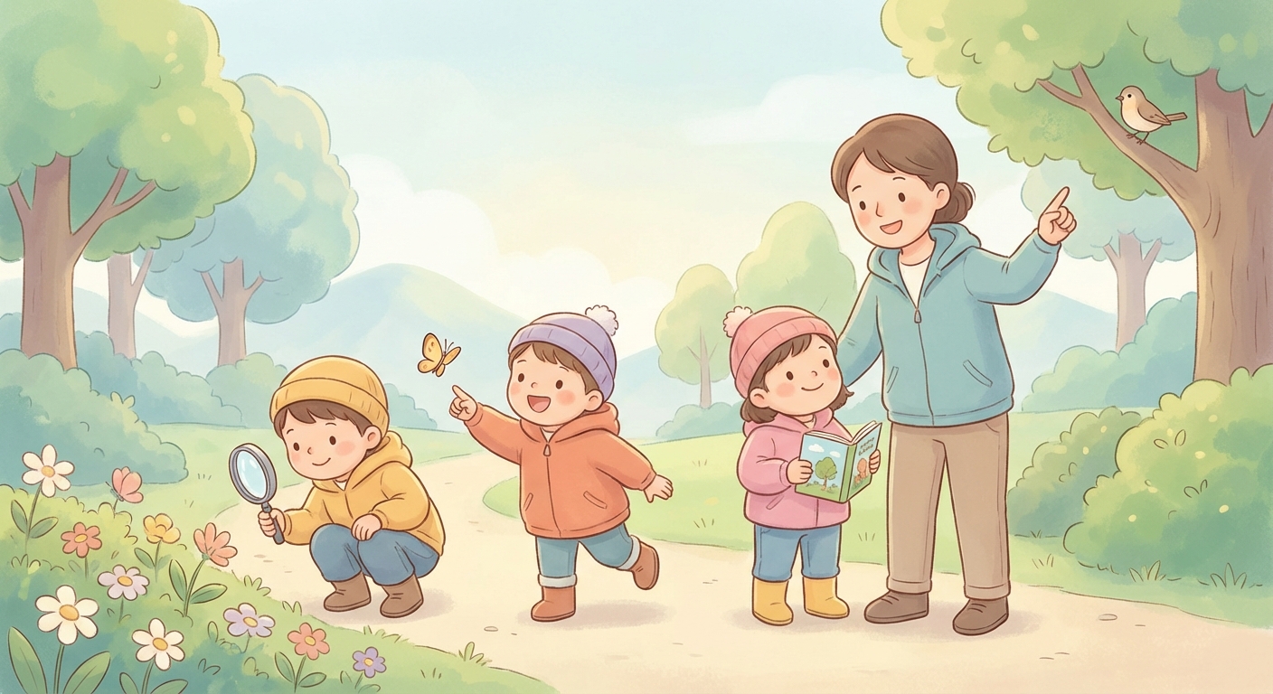 A Happy Nature Walk learning scene, A Happy Nature Walk learning scene filled with curiosity and joy, gentle pastel illustration designed for ages 3-4, rounded shapes, caring expressions, text-free illustration with clean unmarked background, balanced composition, soft cinematic lighting, harmonious color palette, inviting and joyful mood