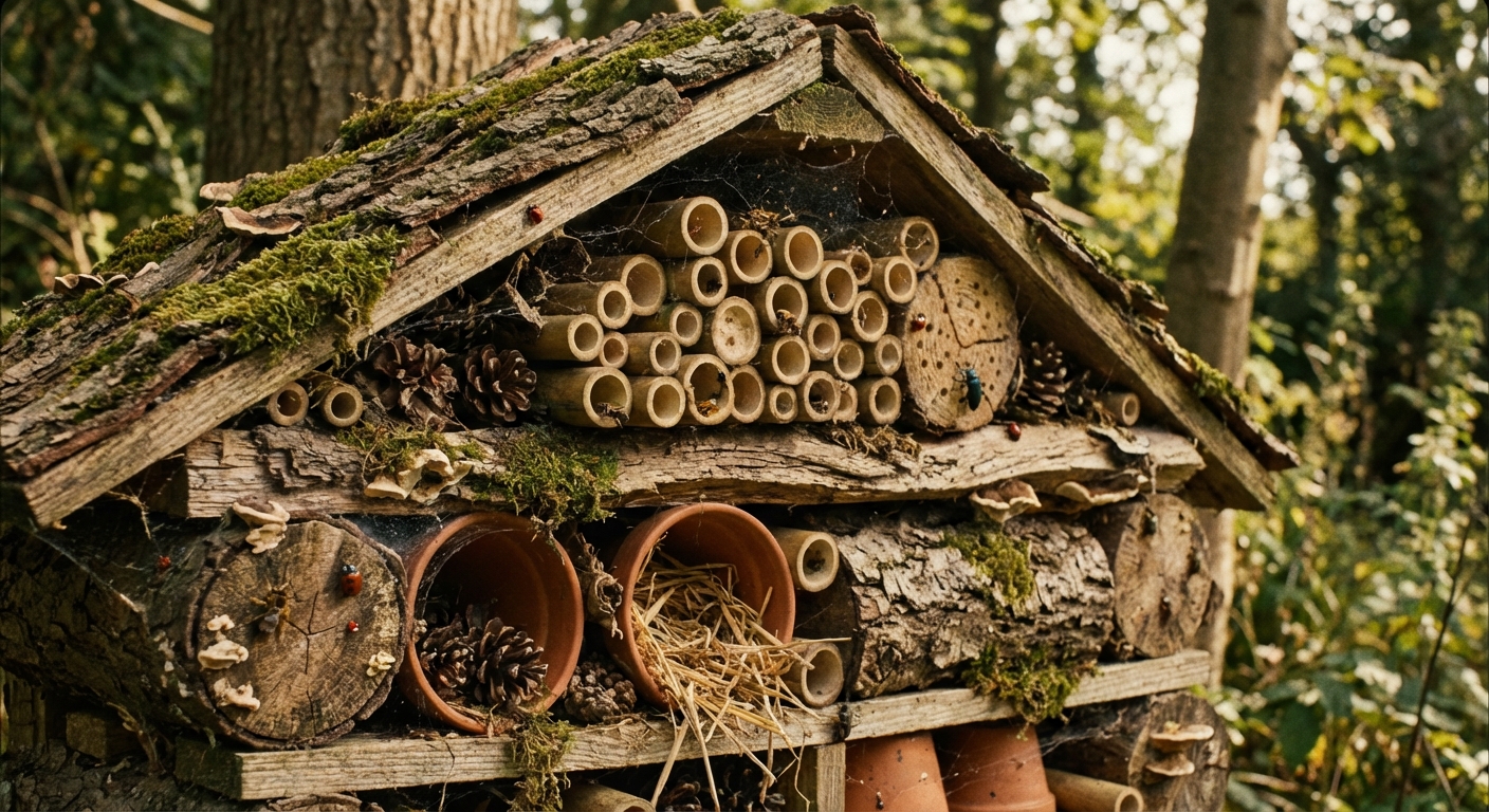 a homemade bug hotel made from natural materials