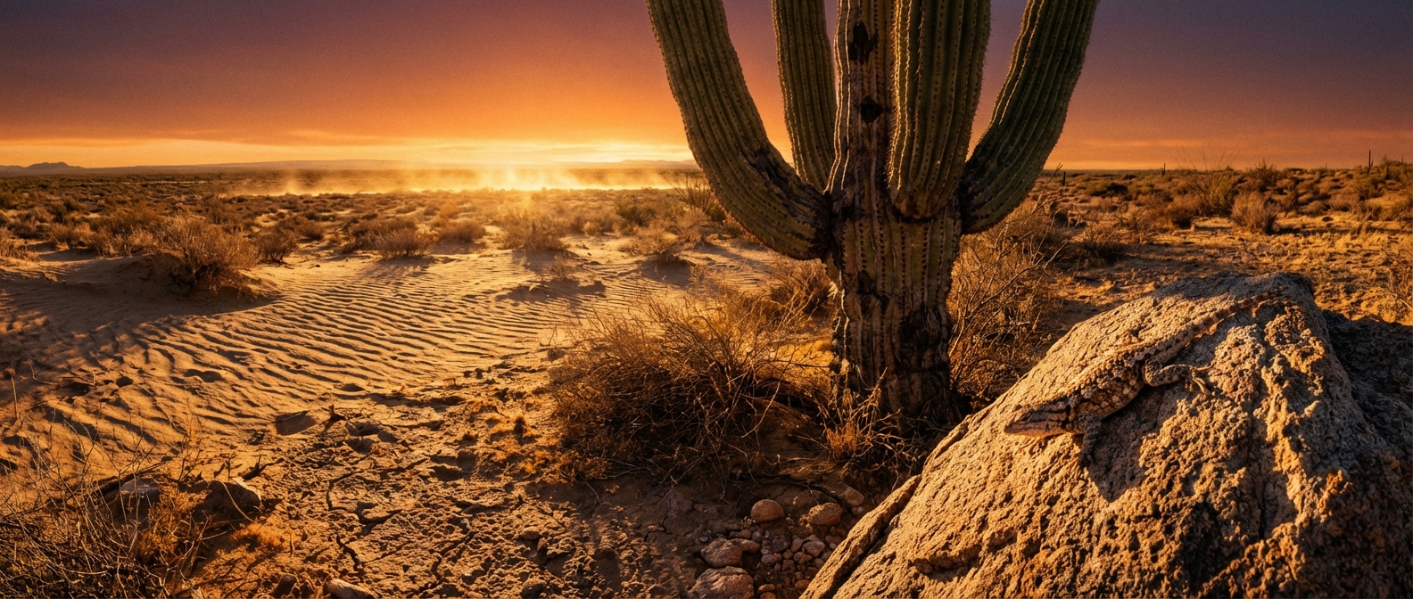 a hot desert with a cactus and a lizard