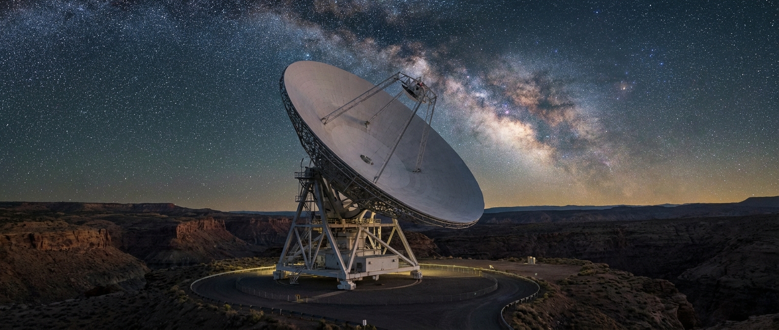 a large radio telescope dish pointing at the night sky