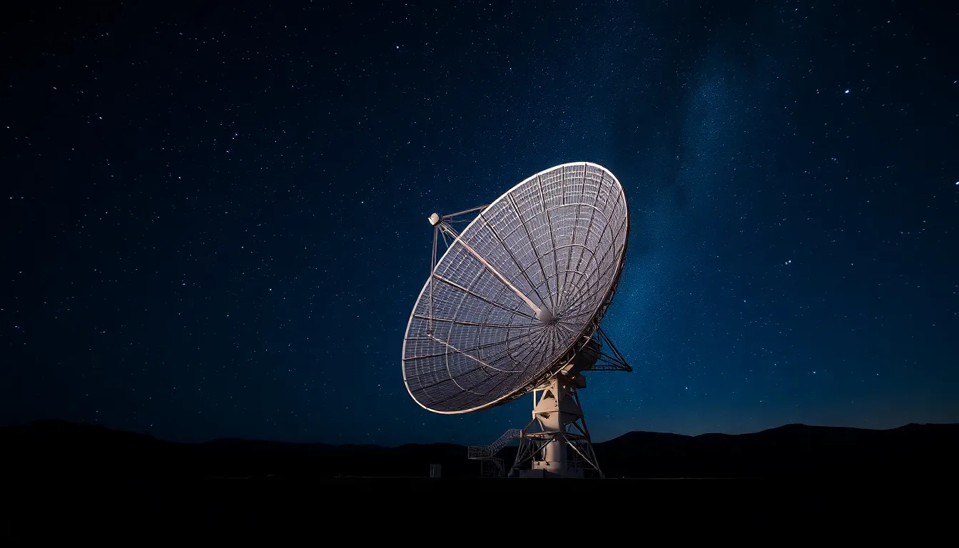 a large radio telescope dish pointing at the night sky