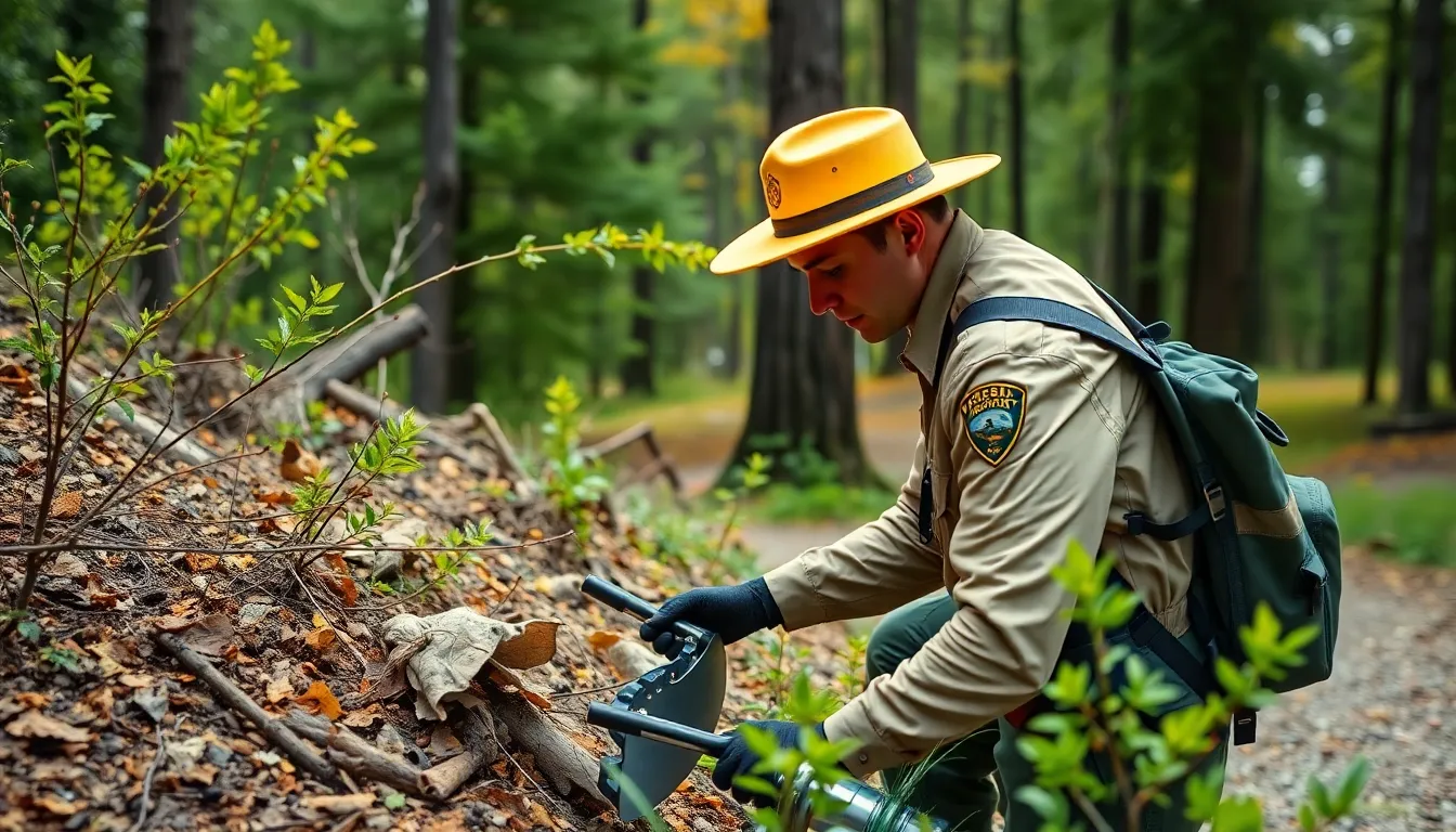 a park ranger in a bright hat picking up trash