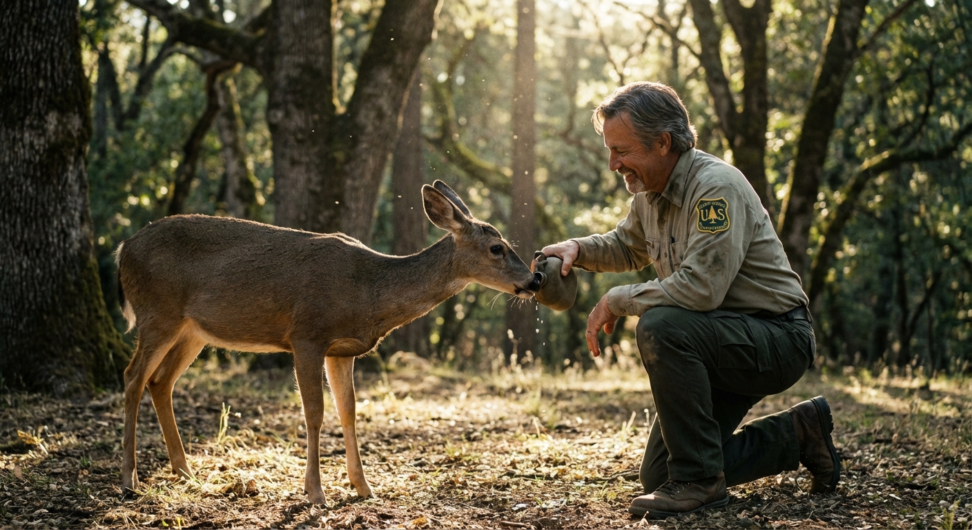a ranger giving water to a deer