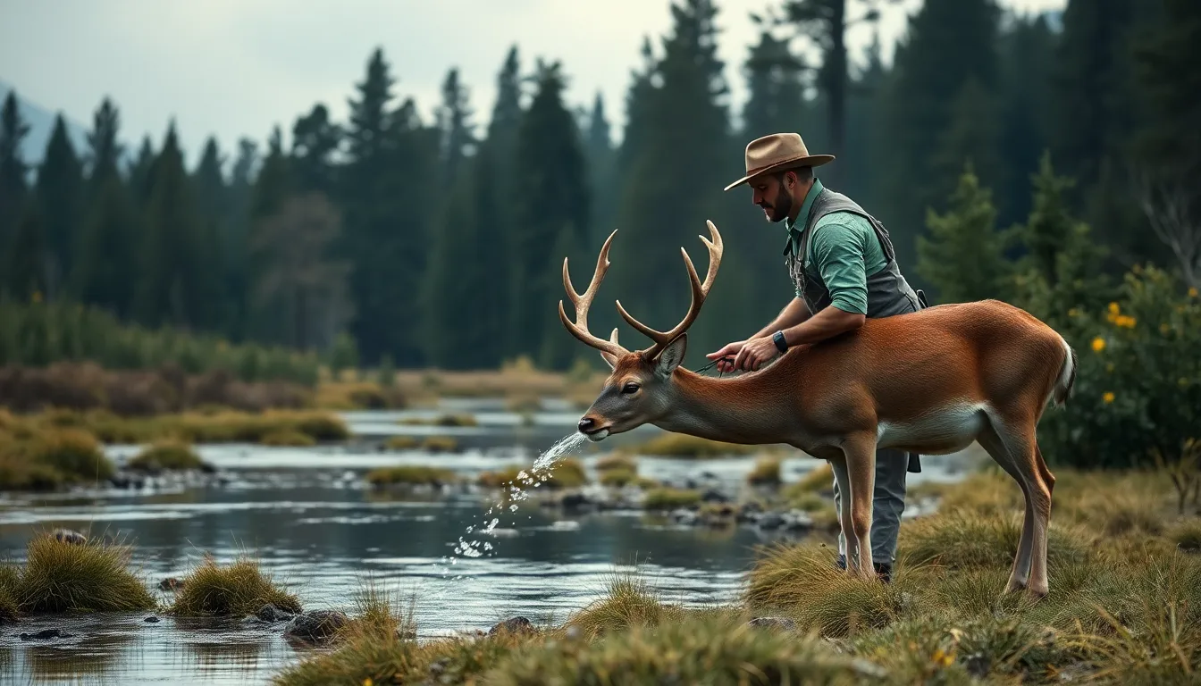 a ranger giving water to a deer