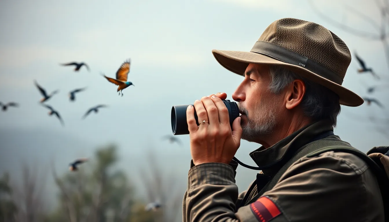 a ranger holding binoculars looking at birds