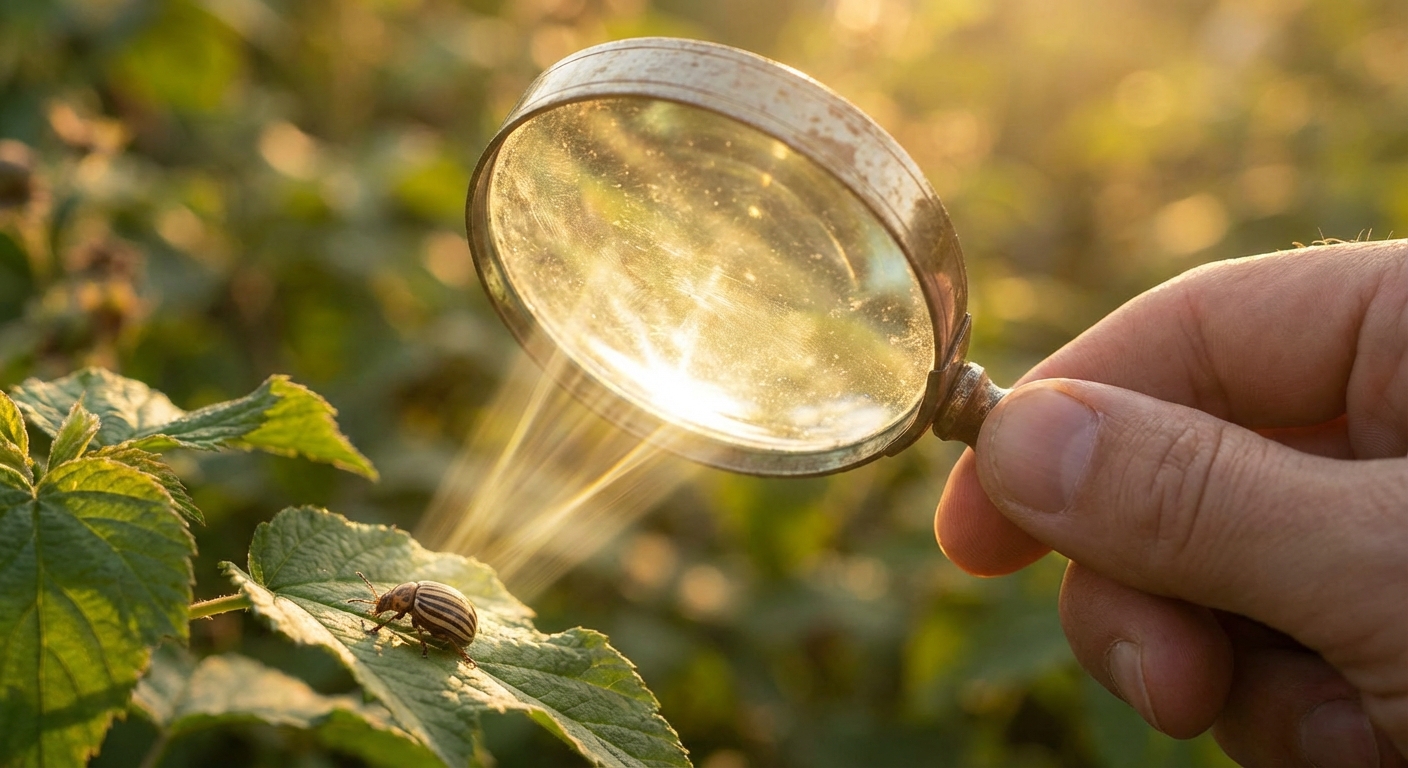 a simple illustration of light bending through a magnifying glass onto a bug