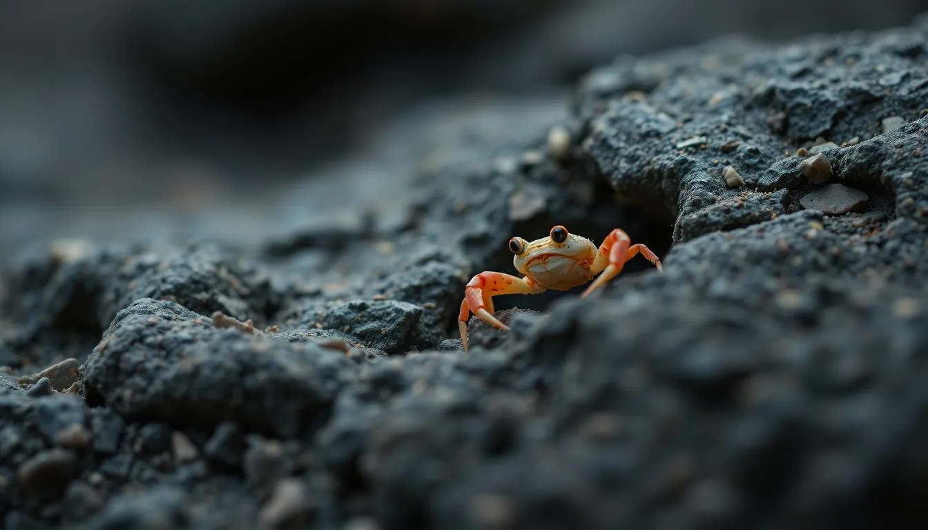 a small crab peeking from a rock