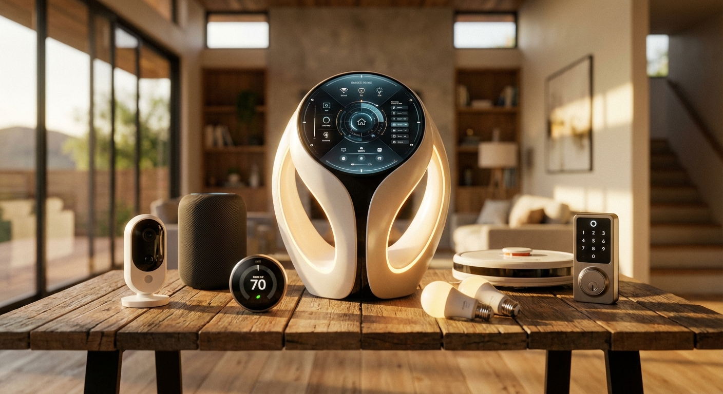 a smart home hub surrounded by various IoT devices