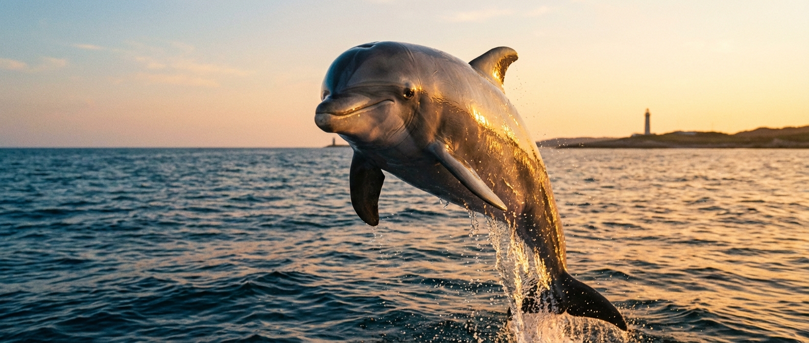 a smiling dolphin leaping over the water