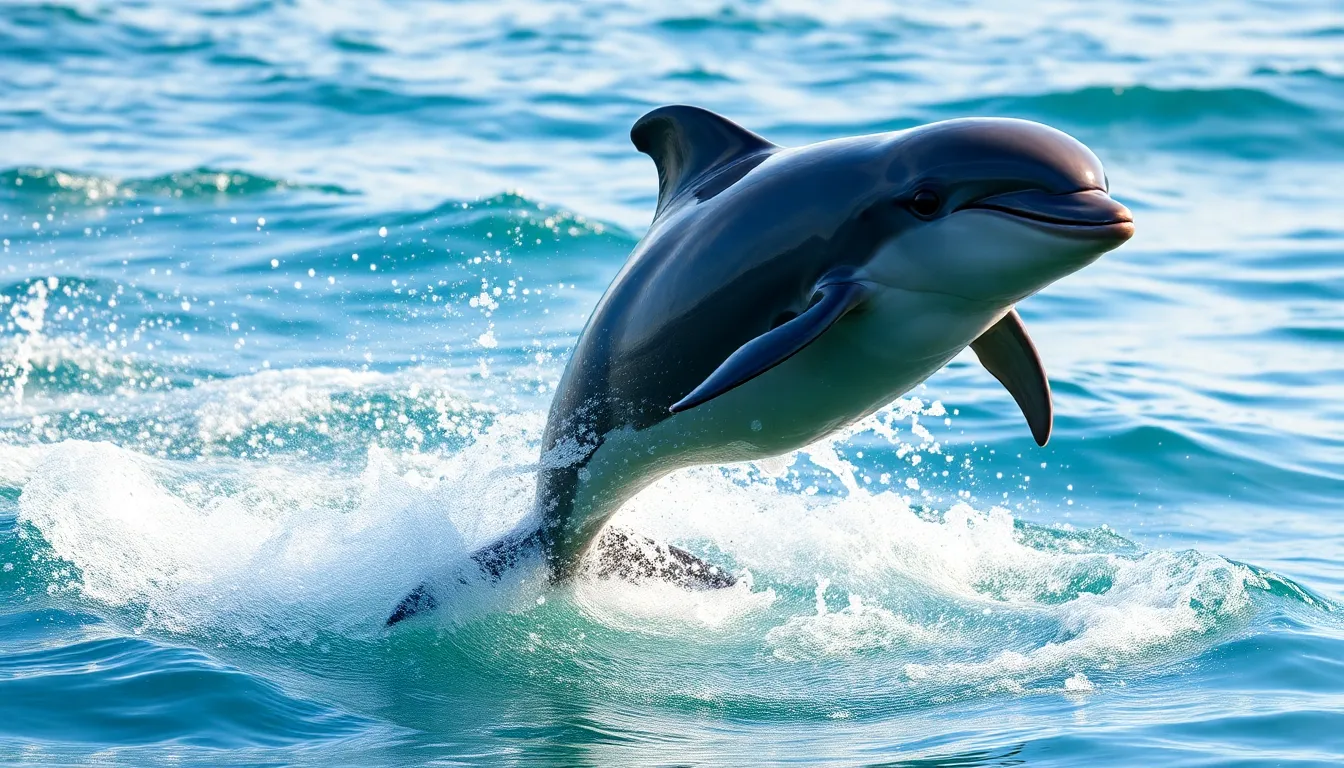 a smiling dolphin leaping over the water
