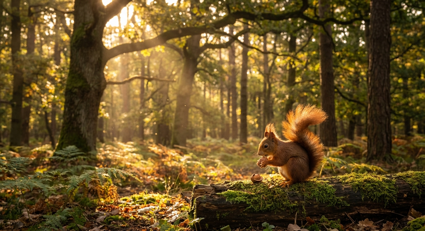 a sunny forest with trees and a squirrel