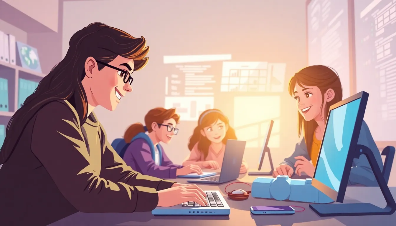 Agile Development Building Software Like a Fast moving Team learning scene, Agile Development Building Software Like a Fast moving Team tech exploration, bright screens and curiosity, stylized tween-friendly illustration for ages 11-13, aspirational and modern, text-free illustration with clean unmarked background, balanced composition, soft cinematic lighting, harmonious color palette, inviting and joyful mood