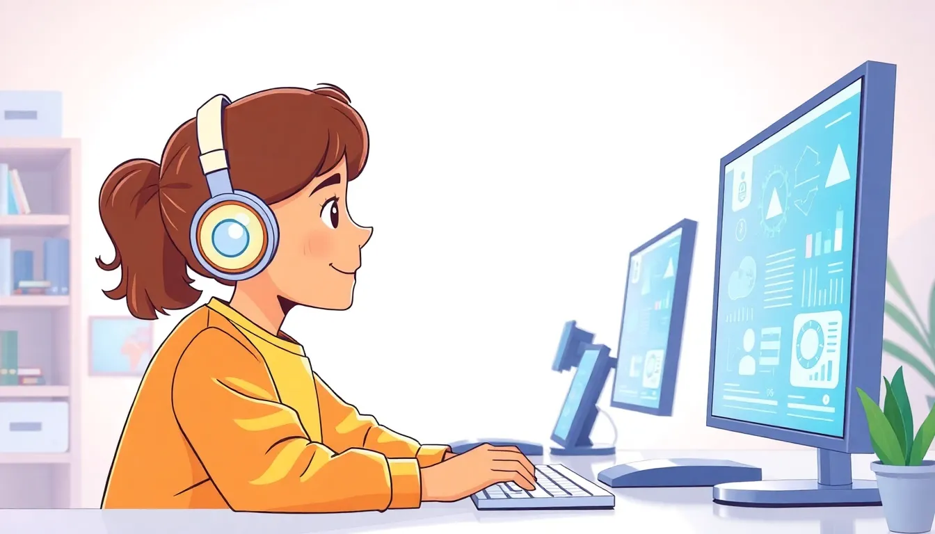 AI Basics learning scene, AI Basics tech exploration, bright screens and curiosity, stylized tween-friendly illustration for ages 11-13, aspirational and modern, text-free illustration with clean unmarked background, balanced composition, soft cinematic lighting, harmonious color palette, inviting and joyful mood