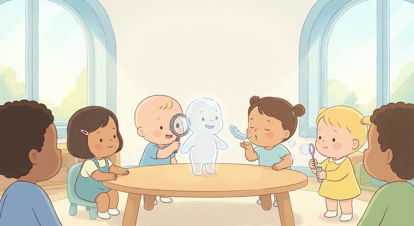 Air the Invisible Friend learning scene, Air the Invisible Friend experiment underway, curious kids collaborating, gentle pastel illustration designed for ages 3-4, rounded shapes, caring expressions, text-free illustration with clean unmarked background, balanced composition, soft cinematic lighting, harmonious color palette, inviting and joyful mood