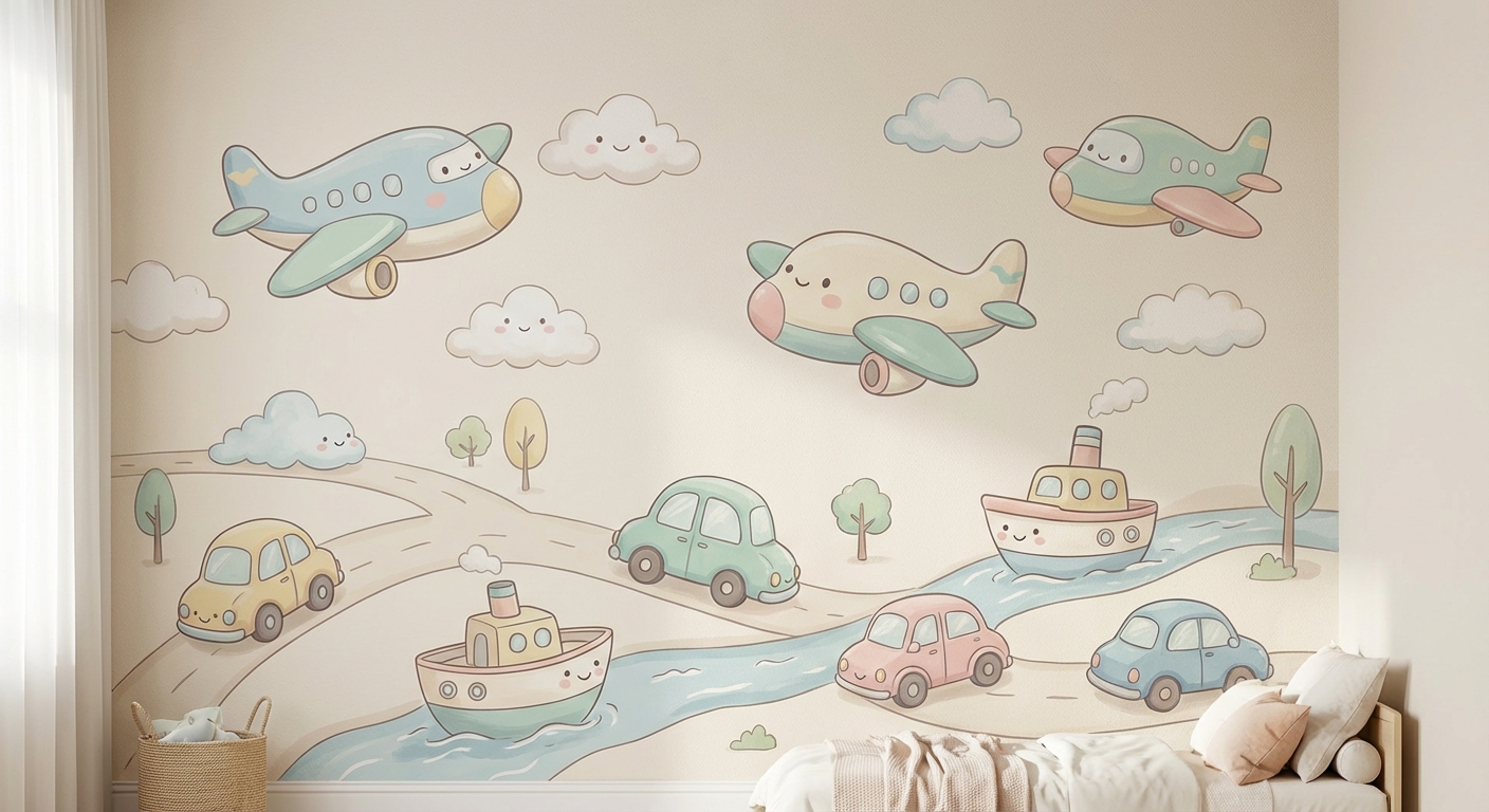 Airplanes Fly learning scene, Airplanes Fly journey, cheerful vehicles moving smoothly, gentle pastel illustration designed for ages 3-4, rounded shapes, caring expressions, text-free illustration with clean unmarked background, balanced composition, soft cinematic lighting, harmonious color palette, inviting and joyful mood