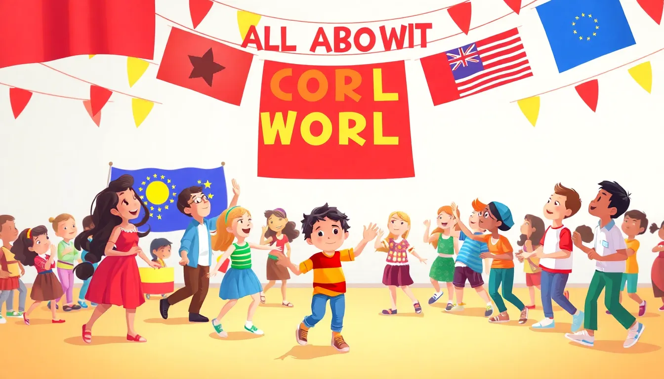 All About World Flags learning scene, All About World Flags cultural celebration, inclusive joyful gathering, vivid storybook illustration for ages 5-7, lively characters, playful motion, text-free illustration with clean unmarked background, balanced composition, soft cinematic lighting, harmonious color palette, inviting and joyful mood