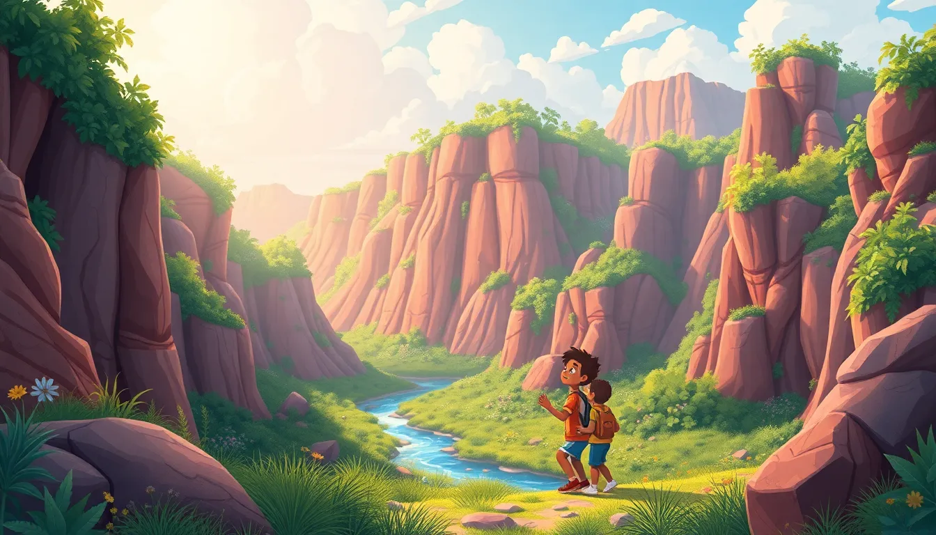Amazing Canyons learning scene, Amazing Canyons scene in vibrant nature, lush and lively surroundings, vivid storybook illustration for ages 5-7, lively characters, playful motion, text-free illustration with clean unmarked background, balanced composition, soft cinematic lighting, harmonious color palette, inviting and joyful mood