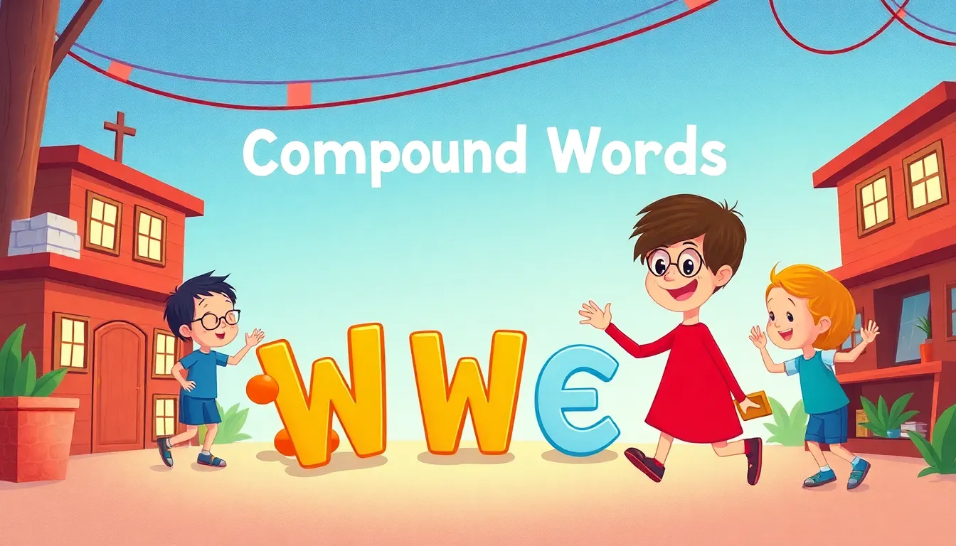 Amazing Compound Words learning scene, Amazing Compound Words language arts activity, playful letters and words, vivid storybook illustration for ages 5-7, lively characters, playful motion, text-free illustration with clean unmarked background, balanced composition, soft cinematic lighting, harmonious color palette, inviting and joyful mood