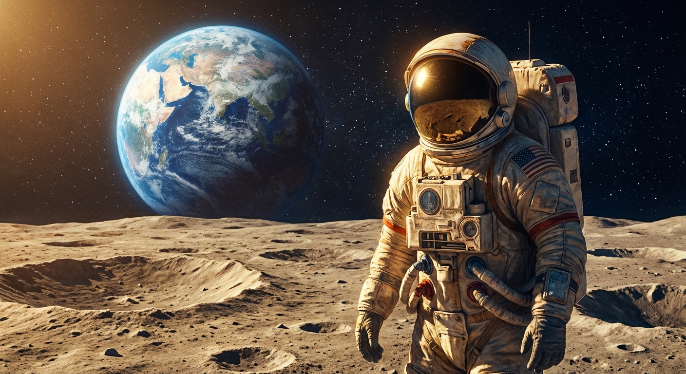 An illustration of an astronaut on the moon with Earth in the background