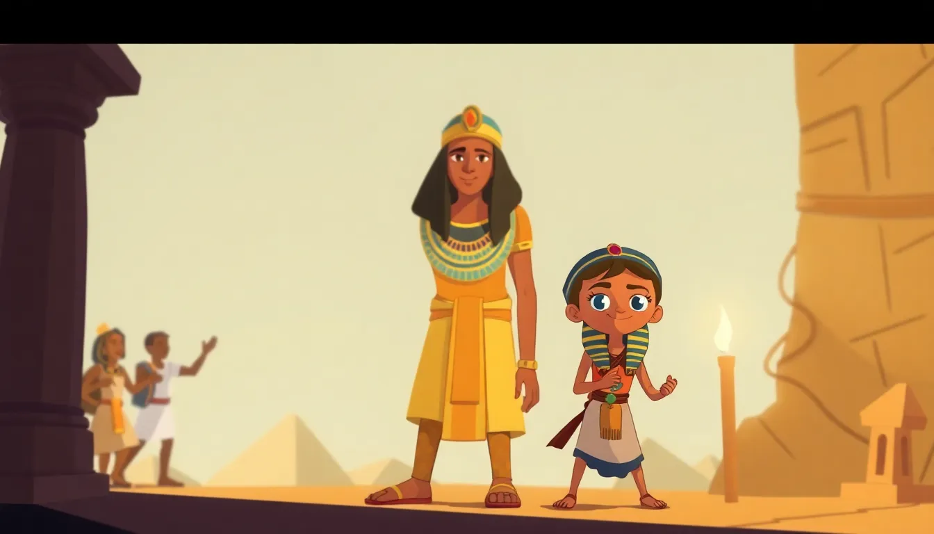 Ancient Egyptian Art A Journey Back in Time learning scene, Ancient Egyptian Art A Journey Back in Time learning scene filled with curiosity and joy, dynamic adventure illustration for ages 8-10, engaging detail, upbeat energy, text-free illustration with clean unmarked background, balanced composition, soft cinematic lighting, harmonious color palette, inviting and joyful mood
