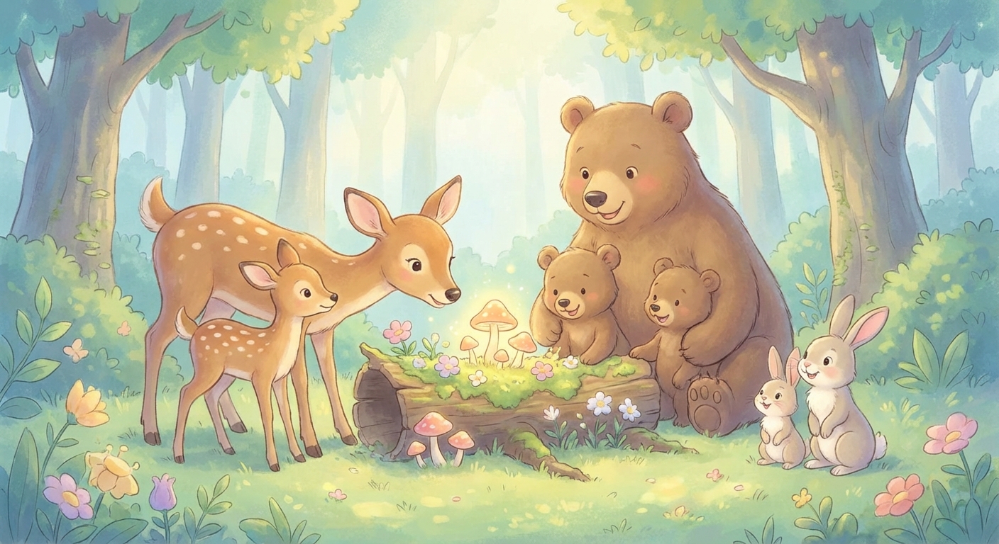 Animal Families learning scene, Animal Families animals discovering together, joyful storybook moment, gentle pastel illustration designed for ages 3-4, rounded shapes, caring expressions, text-free illustration with clean unmarked background, balanced composition, soft cinematic lighting, harmonious color palette, inviting and joyful mood