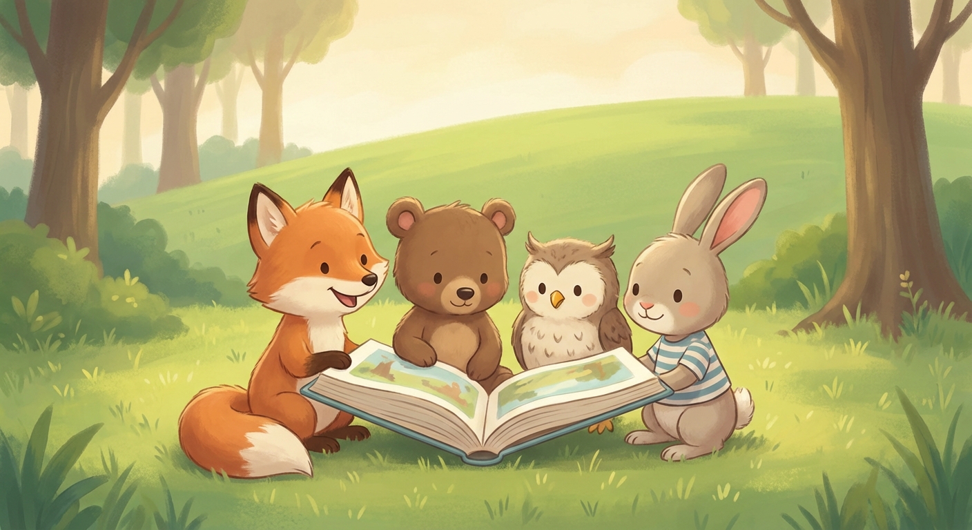 Animal Friends learning scene, Animal Friends animals discovering together, joyful storybook moment, gentle pastel illustration designed for ages 3-4, rounded shapes, caring expressions, text-free illustration with clean unmarked background, balanced composition, soft cinematic lighting, harmonious color palette, inviting and joyful mood