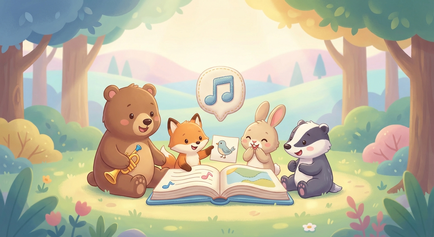 Animal Sounds learning scene, Animal Sounds animals discovering together, joyful storybook moment, gentle pastel illustration designed for ages 3-4, rounded shapes, caring expressions, text-free illustration with clean unmarked background, balanced composition, soft cinematic lighting, harmonious color palette, inviting and joyful mood