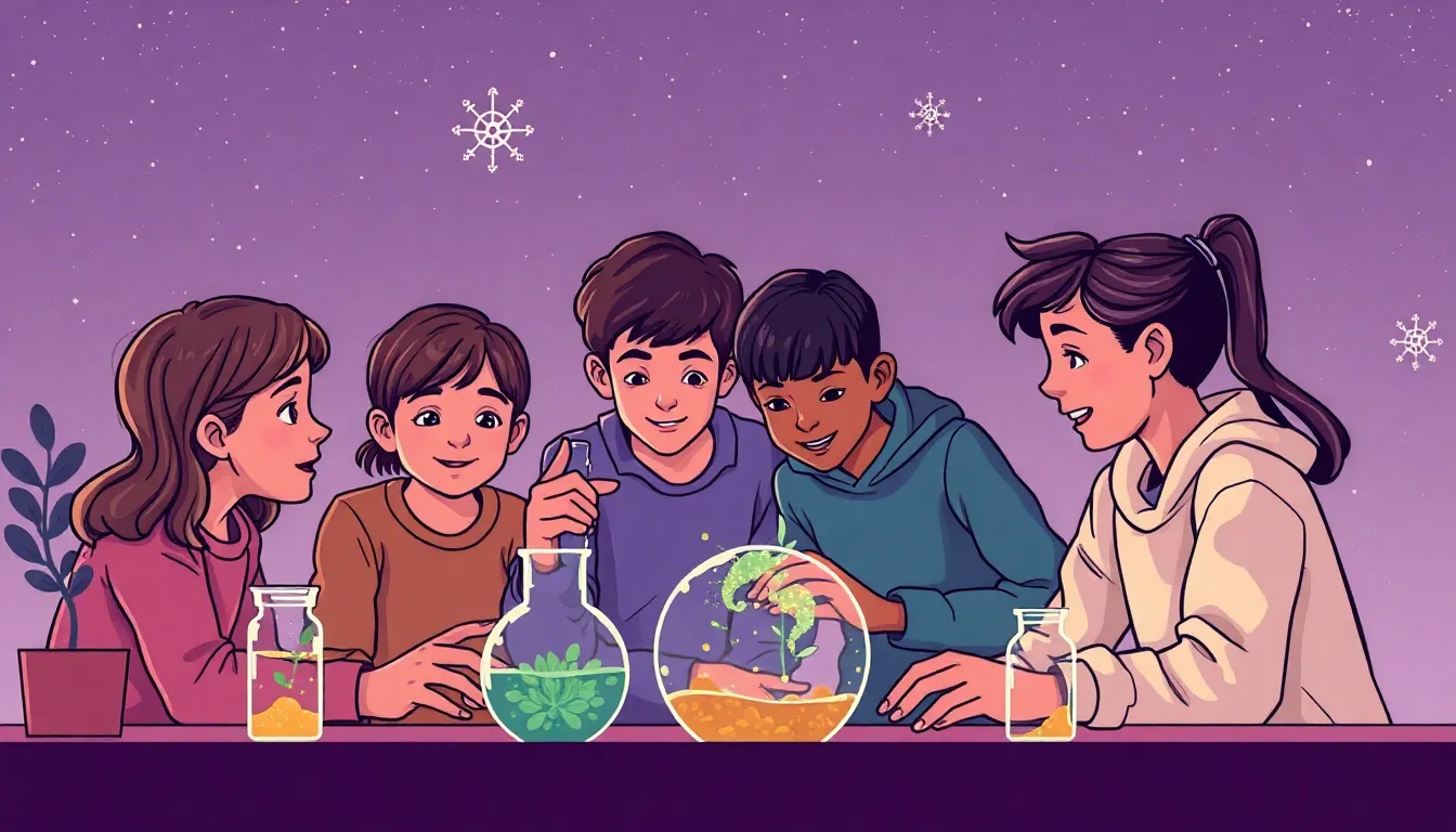 Astrobiology learning scene, Astrobiology experiment underway, curious kids collaborating, clean infographic-inspired illustration for ages 14-16, contemporary and polished, text-free illustration with clean unmarked background, balanced composition, soft cinematic lighting, harmonious color palette, inviting and joyful mood