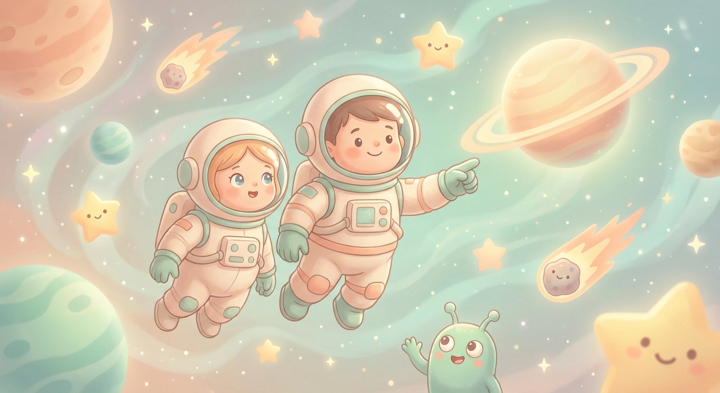 Astronaut Adventures learning scene, Astronaut Adventures space adventure, stars and planets inspiring wonder, gentle pastel illustration designed for ages 3-4, rounded shapes, caring expressions, text-free illustration with clean unmarked background, balanced composition, soft cinematic lighting, harmonious color palette, inviting and joyful mood