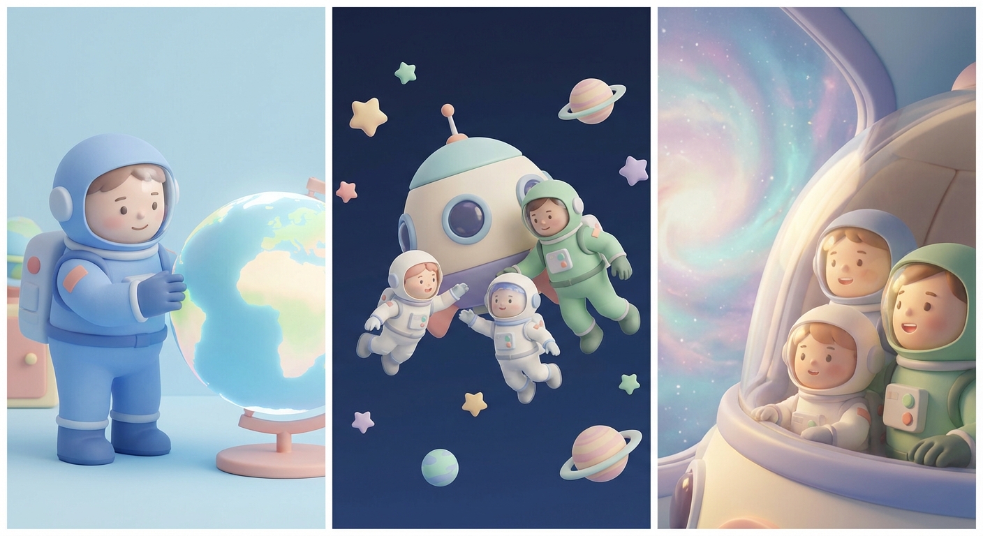 Astronaut Suits learning scene, Astronaut Suits space adventure, stars and planets inspiring wonder, gentle pastel illustration designed for ages 3-4, rounded shapes, caring expressions, text-free illustration with clean unmarked background, balanced composition, soft cinematic lighting, harmonious color palette, inviting and joyful mood
