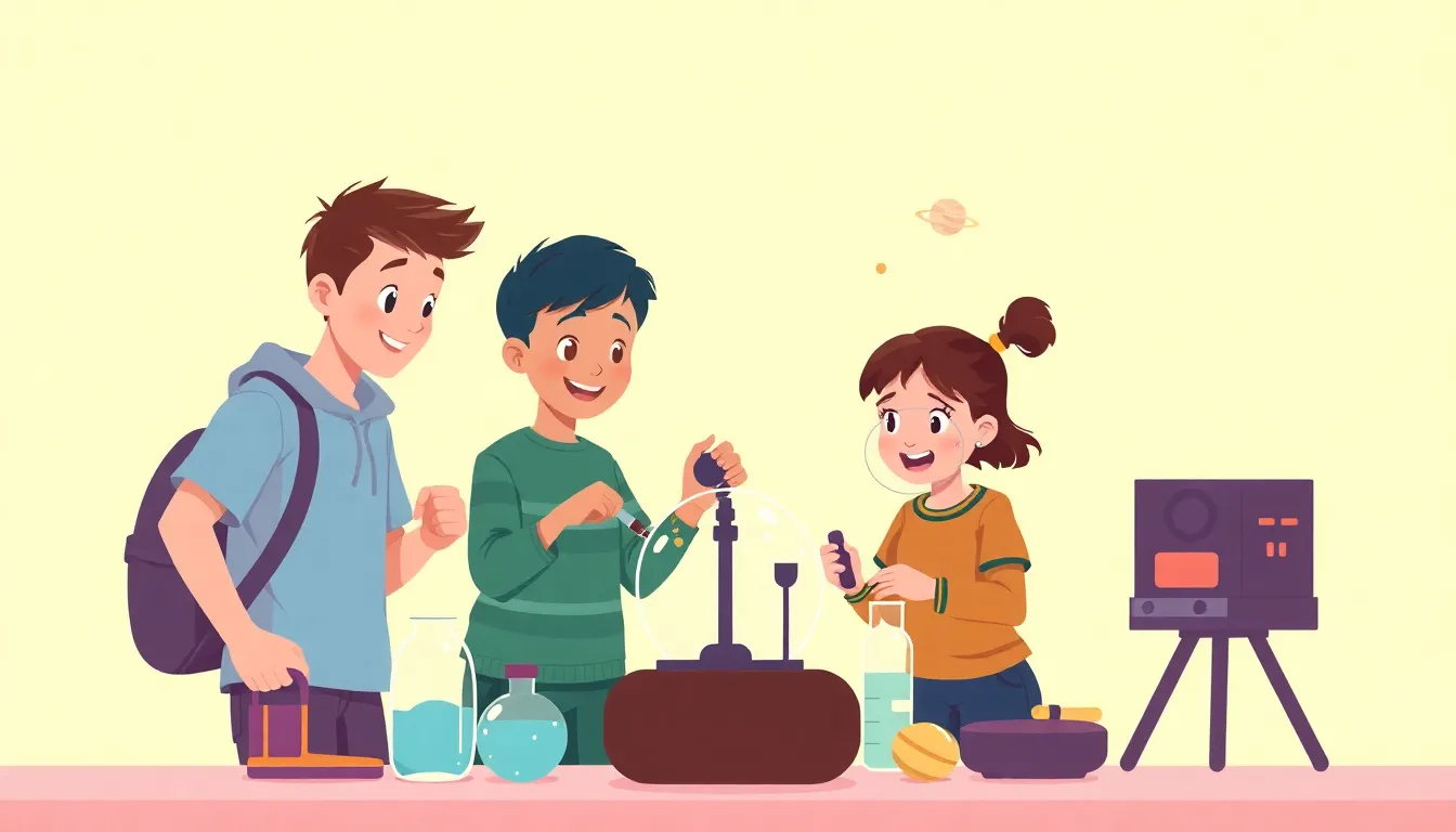 Astronomy and Planets learning scene, Astronomy and Planets experiment underway, curious kids collaborating, stylized tween-friendly illustration for ages 11-13, aspirational and modern, text-free illustration with clean unmarked background, balanced composition, soft cinematic lighting, harmonious color palette, inviting and joyful mood