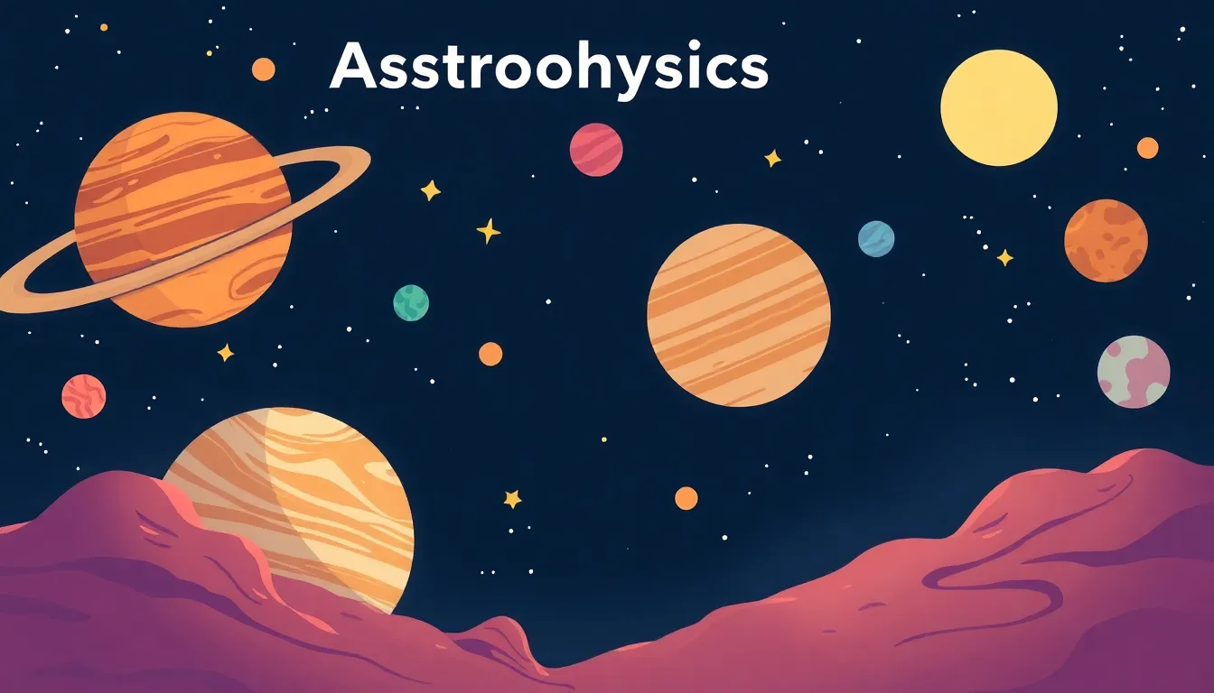 Astrophysics Basics learning scene, Astrophysics Basics space adventure, stars and planets inspiring wonder, stylized tween-friendly illustration for ages 11-13, aspirational and modern, text-free illustration with clean unmarked background, balanced composition, soft cinematic lighting, harmonious color palette, inviting and joyful mood