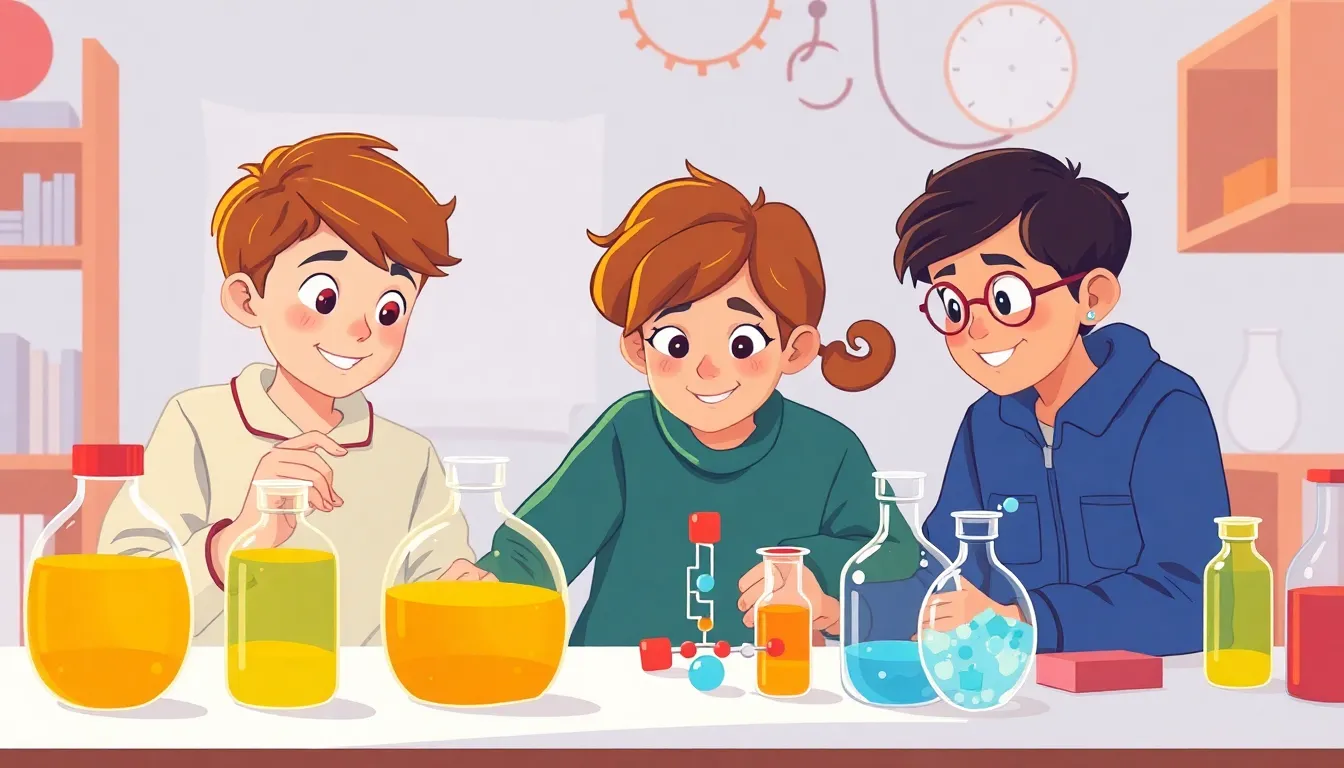Atoms and Molecules the Building Blocks learning scene, Atoms and Molecules the Building Blocks experiment underway, curious kids collaborating, stylized tween-friendly illustration for ages 11-13, aspirational and modern, text-free illustration with clean unmarked background, balanced composition, soft cinematic lighting, harmonious color palette, inviting and joyful mood