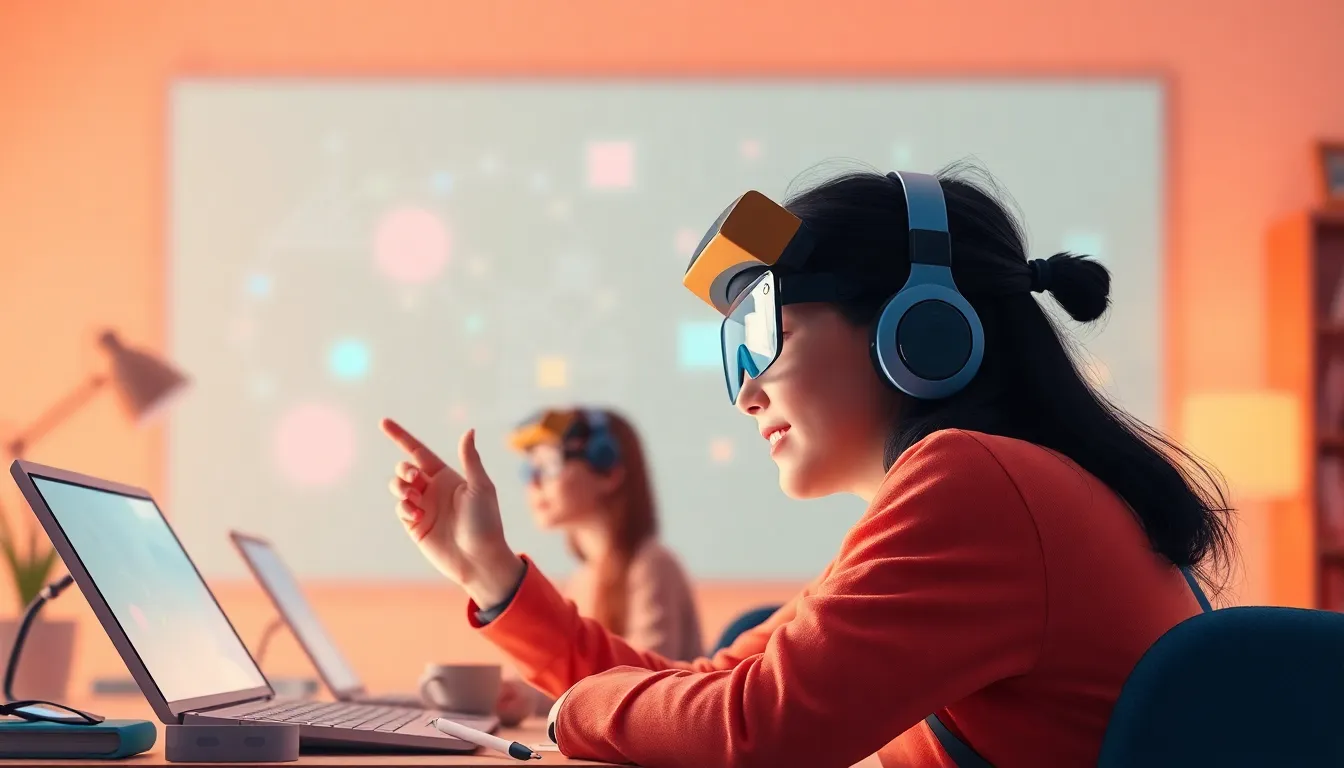 Augmented Reality Advanced learning scene, Augmented Reality Advanced tech exploration, bright screens and curiosity, clean infographic-inspired illustration for ages 14-16, contemporary and polished, text-free illustration with clean unmarked background, balanced composition, soft cinematic lighting, harmonious color palette, inviting and joyful mood